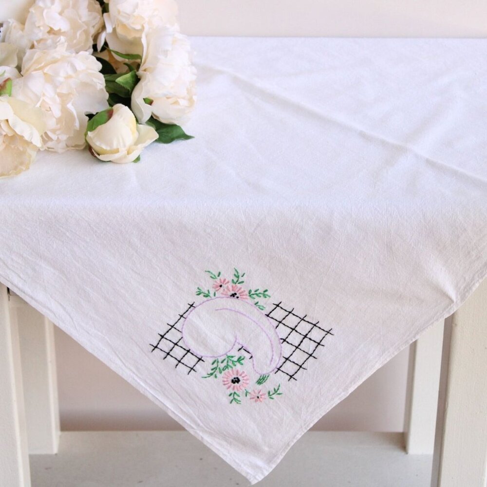 Vintage 1950s Tablecloth, Embroidered Eggplant, Or Kitchen Towel